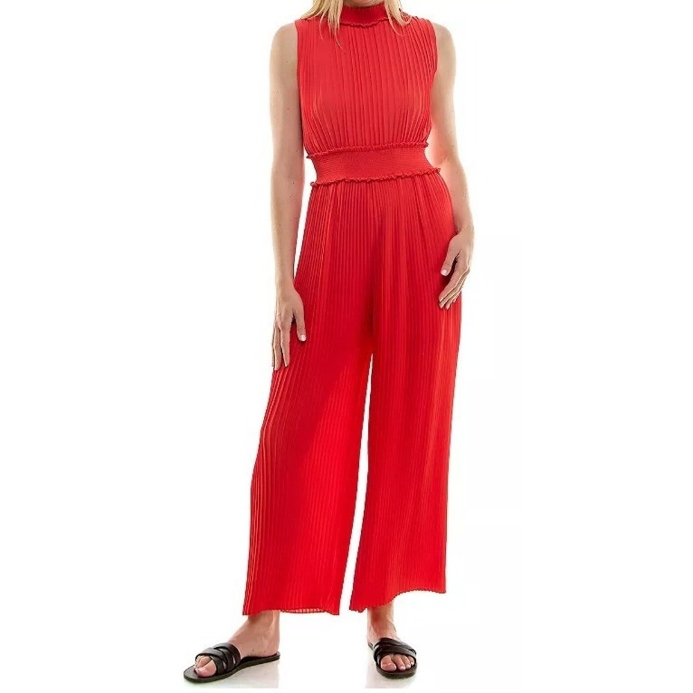 Nanette Lepore Womens 14 Pleated Smocked Mockneck Jumpsuit in Orange Red